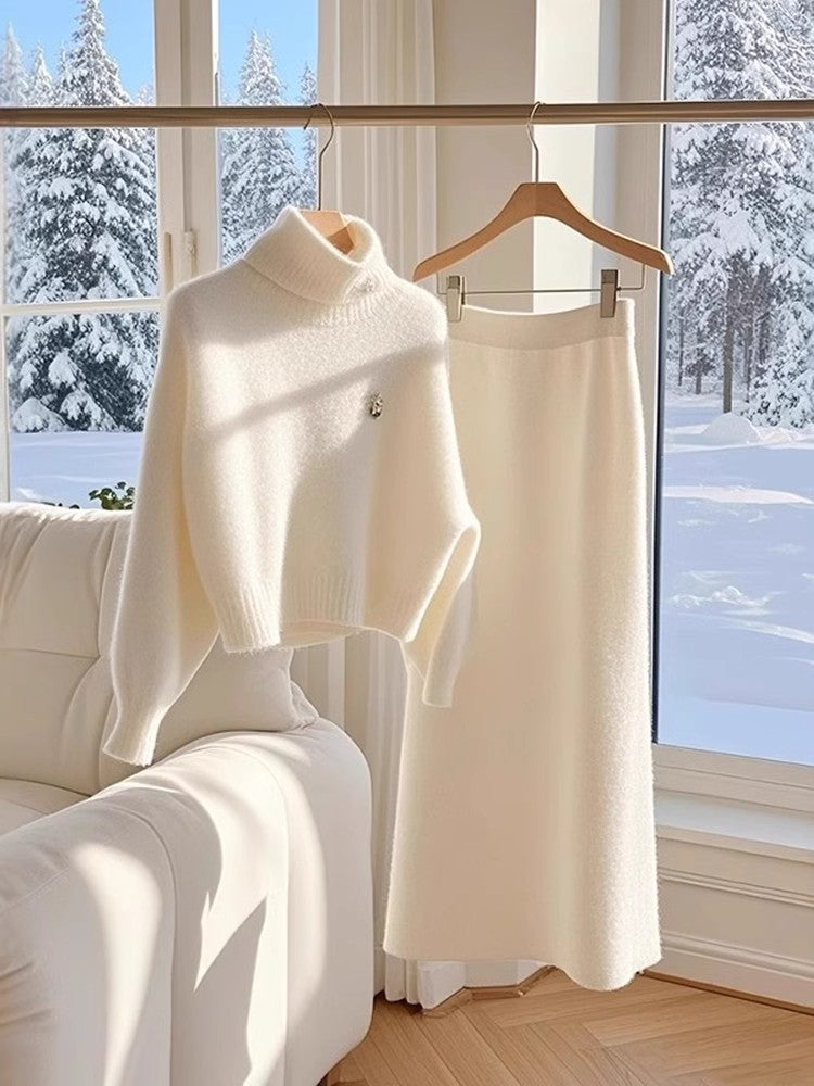 High-grade White Temperament Thick Sweater Skirt Suit