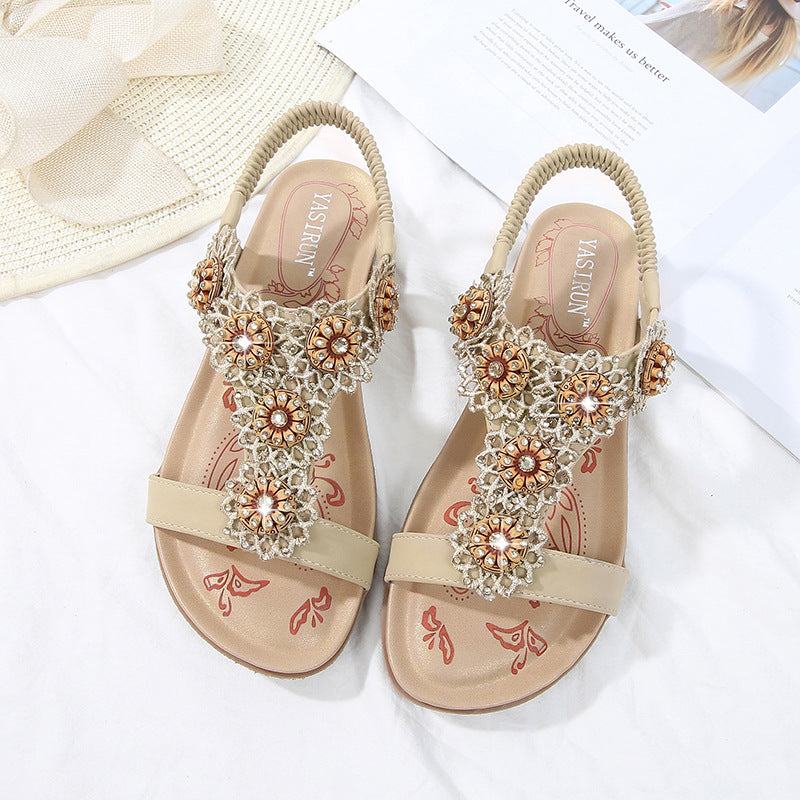 Round Toe Rhinestone Flower Women's Sandals