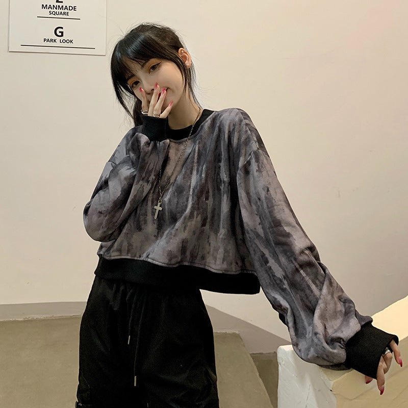 Women's Autumn Short Sweater Harajuku Style Tie Dye Long Sleeve Loose