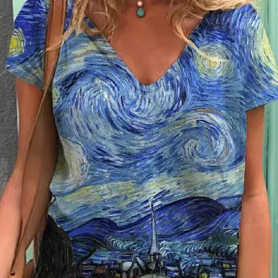 Womens Loose Top With Sunflower Print And V-Neck