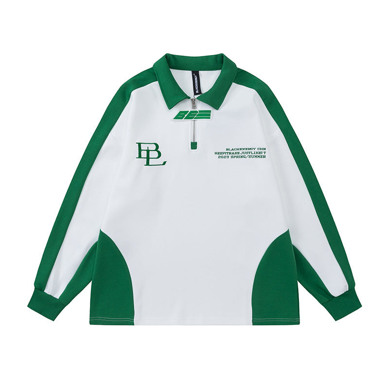 Color Patchwork Monogram Embroidery Lapel Hoodie