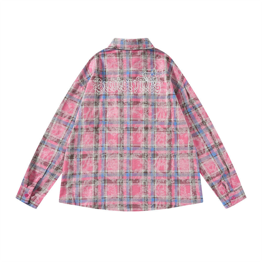 Contrast Color Check Long Sleeve Shirt Men's Spring And Autumn Loose