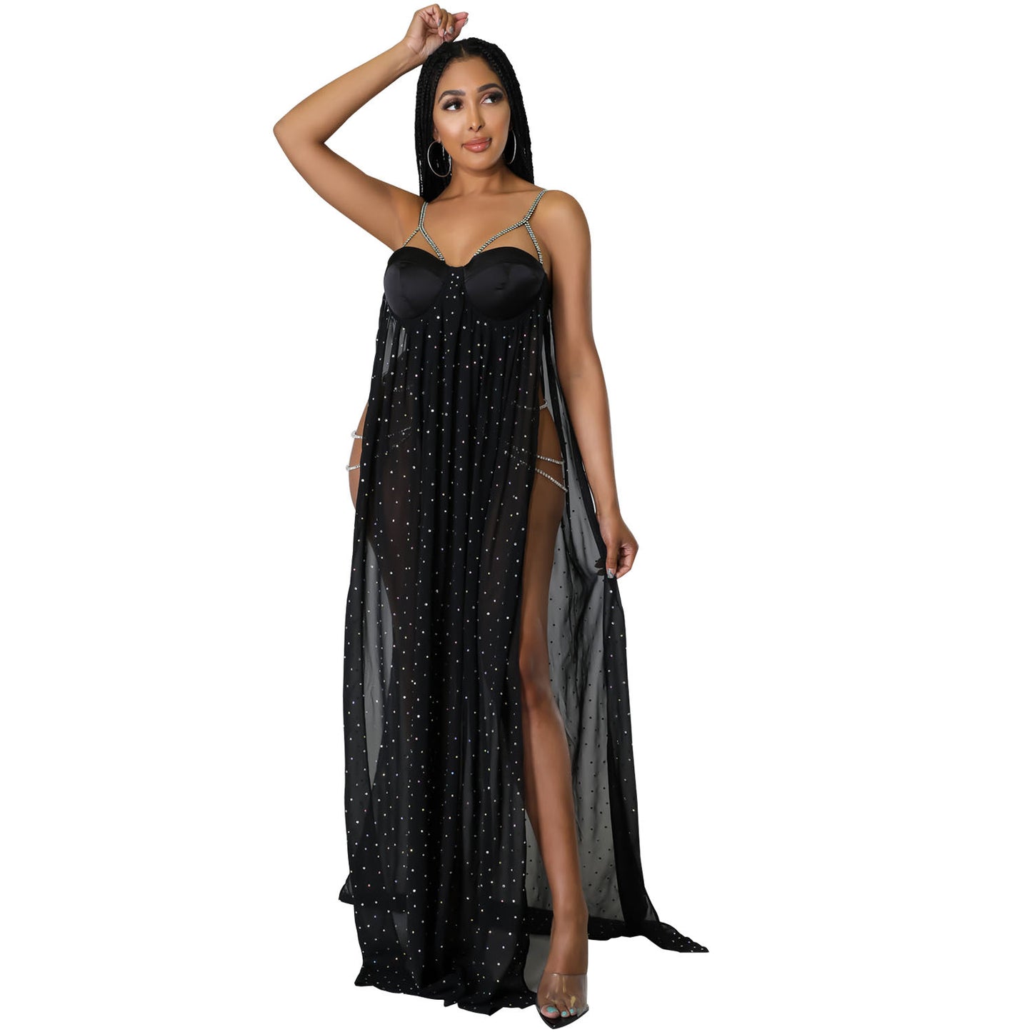 Women's Fashion Mesh Skirt Ironing Drill See-through Jumpsuit