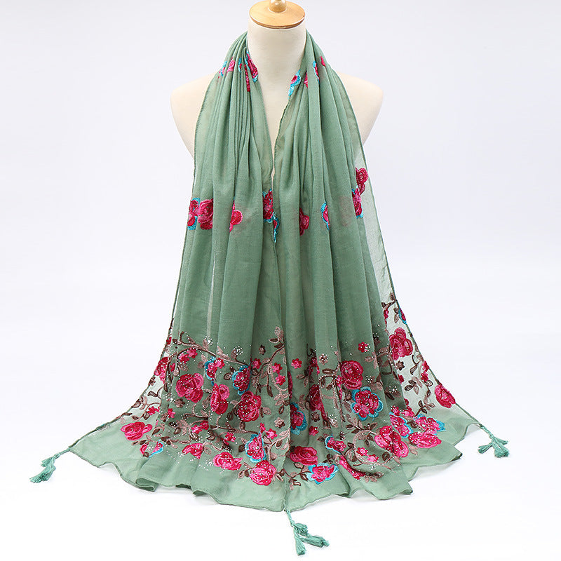Pure Color Cotton And Linen Embroidered Hot Drilling Fringe Scarf