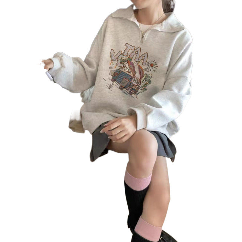 Halv Lynlås Sweater Løs og Afslappet Polo Krave Top