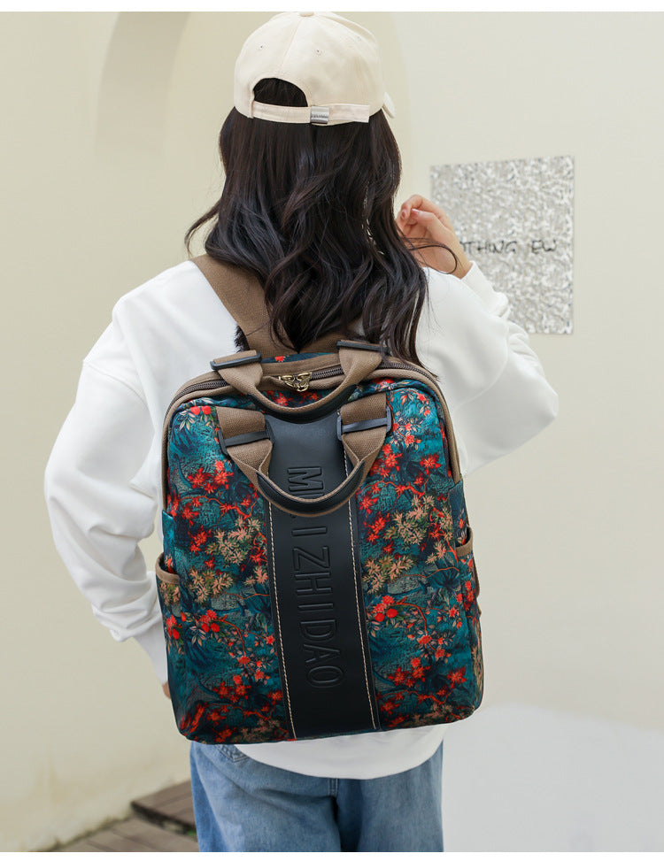 Retro Printed Wear-resistant Splash Proof Large Capacity Stitching Backpack For Women