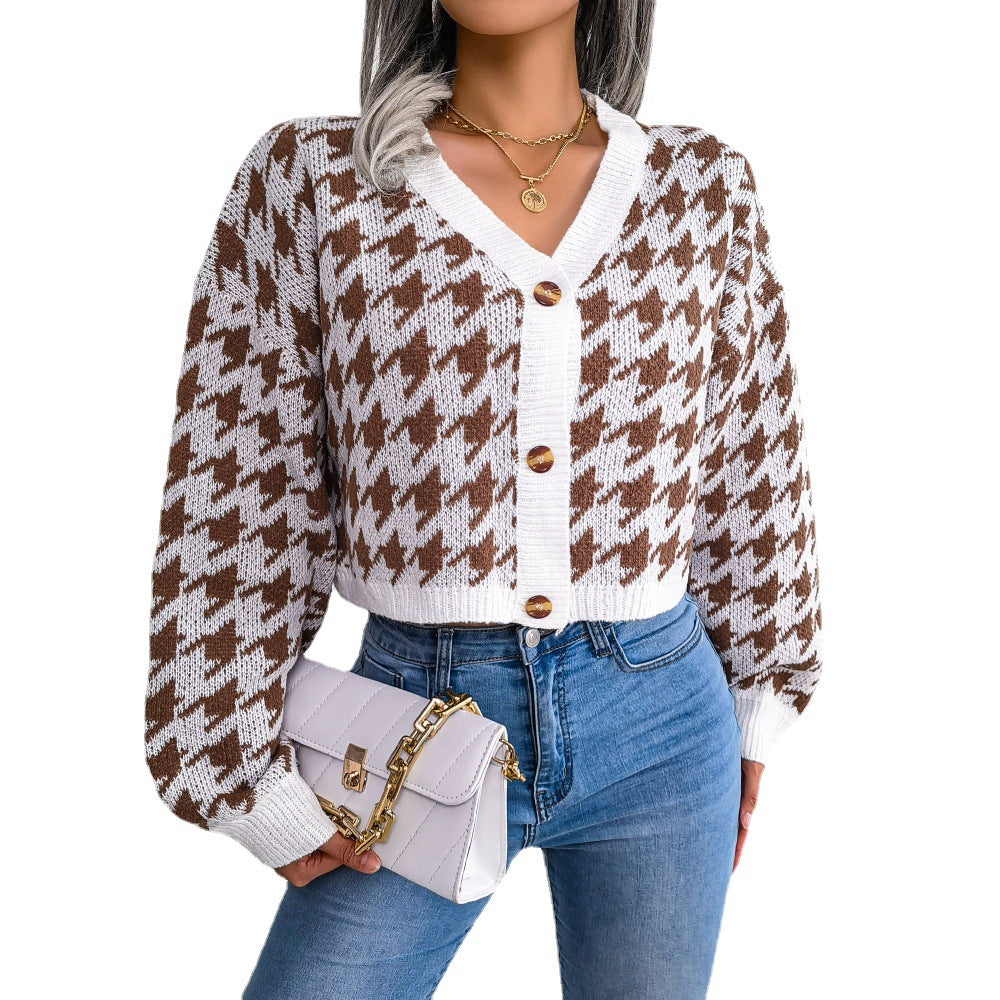 Ins Casual Lantern Long Sleeve Thousand Bird Check Cardigan Sweater