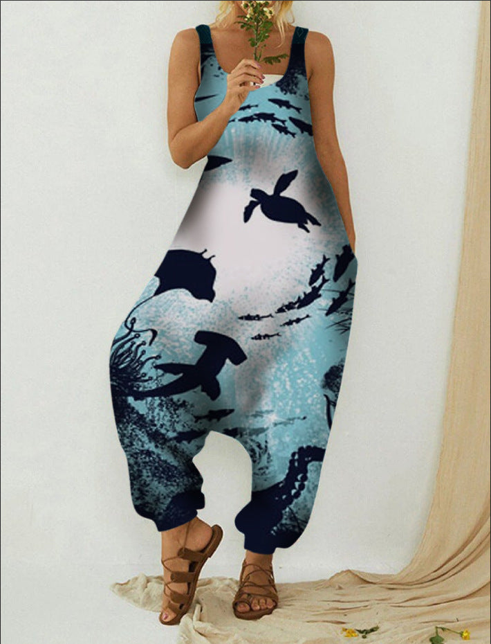 Cute Animal Print Loose Plus Size Casual Beach Overalls