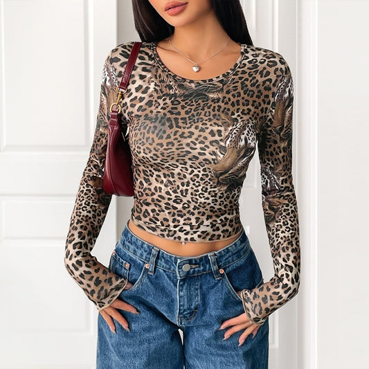 Vintage langærmet T-shirt med leopardprint til kvinder