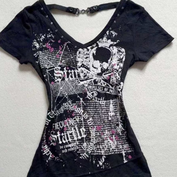 American Retro Trendy Rivet V-Neck Slim-Fit Short Sleeve