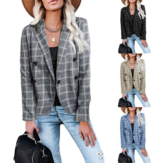 Women's New Plaid Print Button Casual Suit