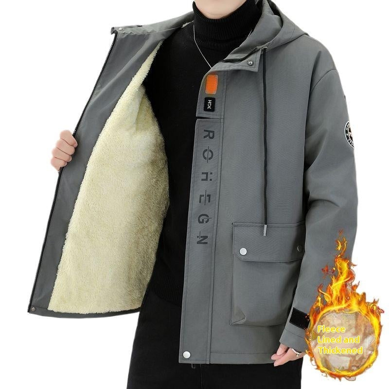 Efterår og vinter afslappet fleece- og tyk herre varm hættejakke