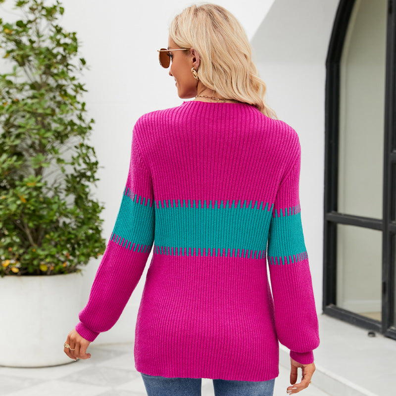 Women's Loose Color Contrast Patchwork Mock Neck Sweater