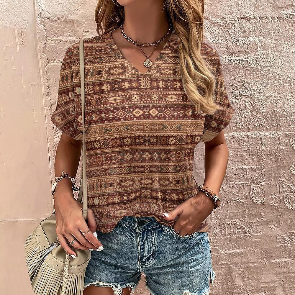 Women's Printed Short-sleeved Casual Top Street V-neck