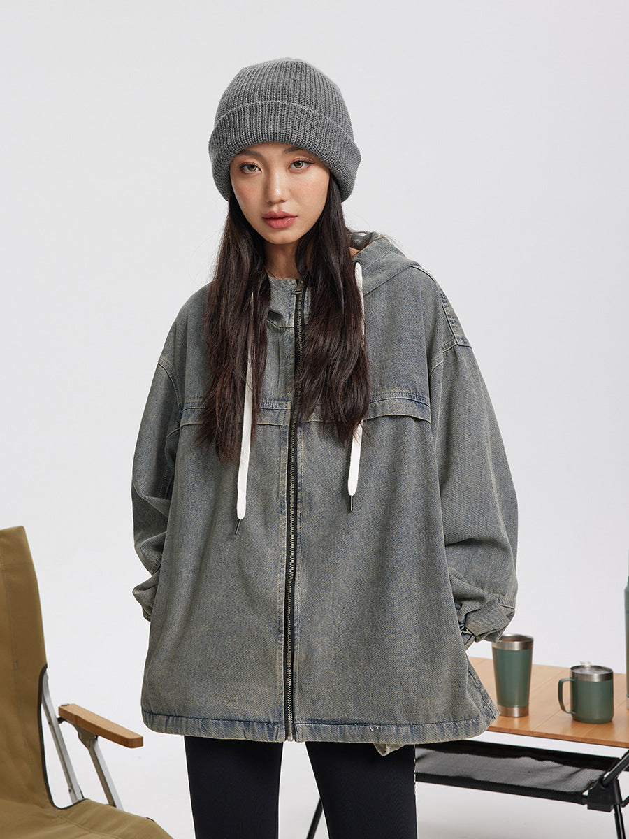 Men's And Women's Fashion Retro Denim Hooded Jacket Top