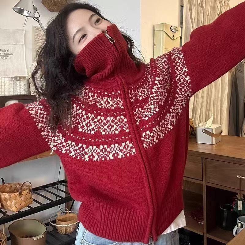 Casual Retro Lapel Double Zipper Knitted Cardigan