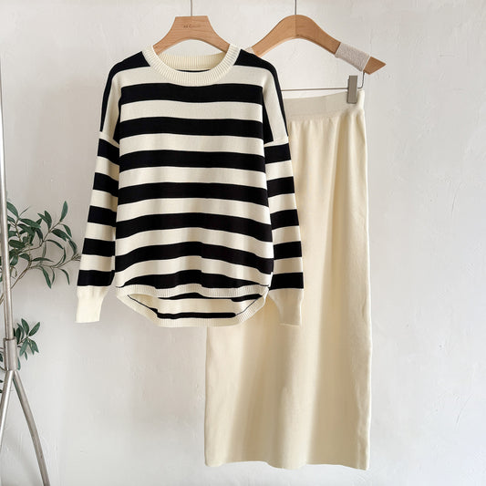 Fashion Long Sleeve T-shirt High Waist Skirt Knitted Two-piece