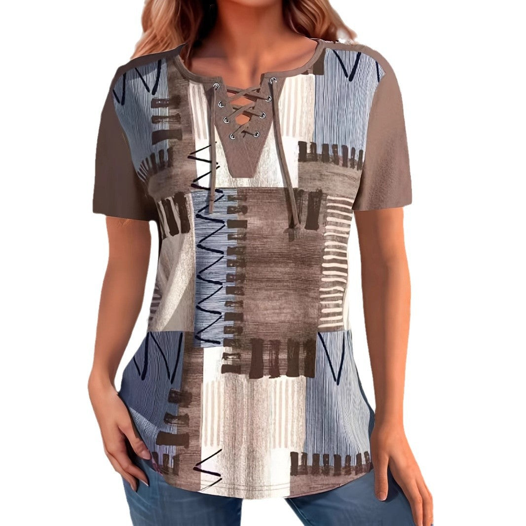 Women's Perforated Lace-up Short Sleeve Light Brown Split T-shirt