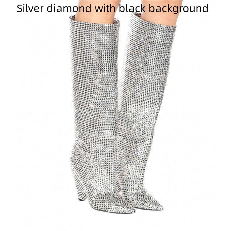 Rhinestone High-heeled Pointy Nightclub Show Knee-length Boots