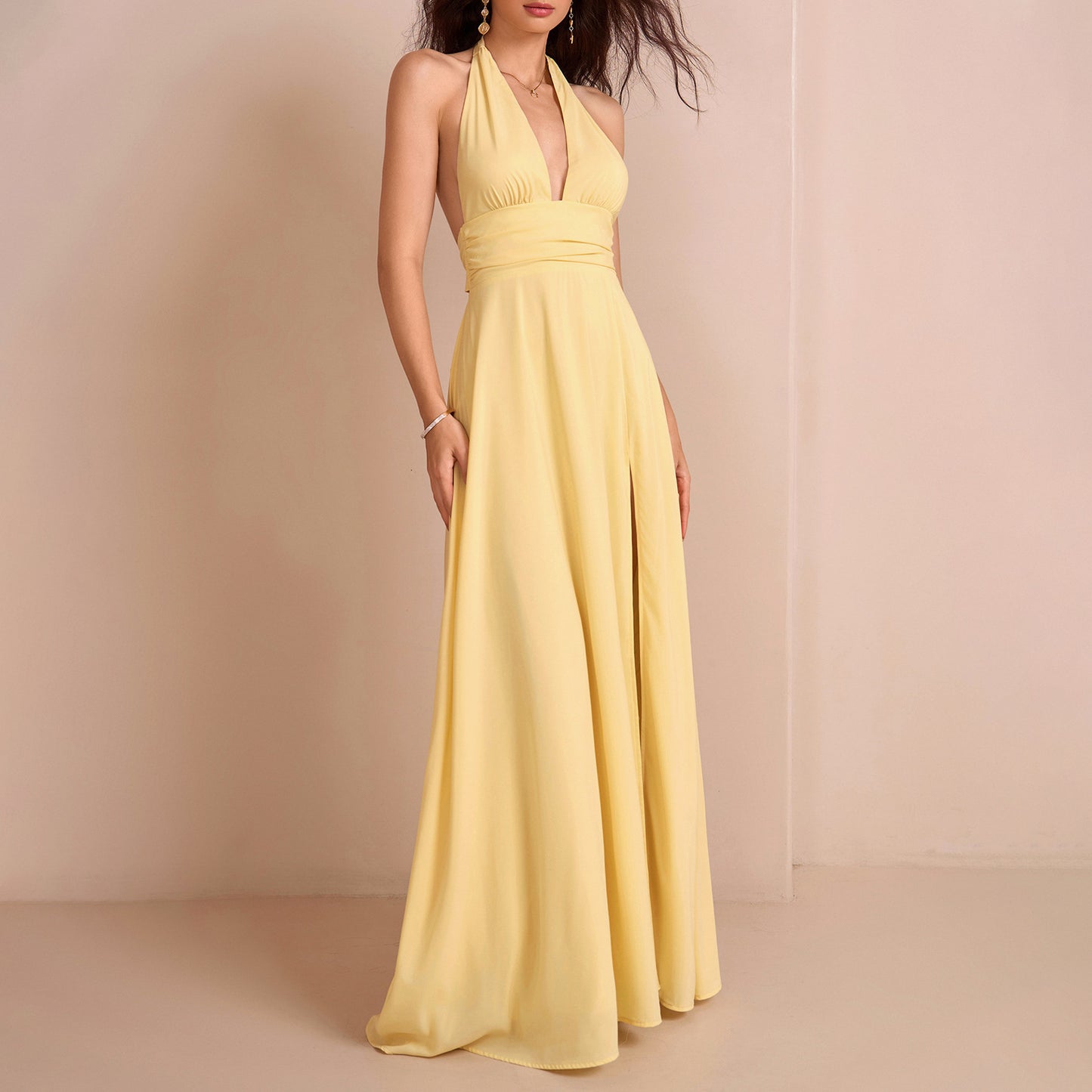 Sexy Chic Deep V-Neck Backless Slit Evening Gown Long Dress