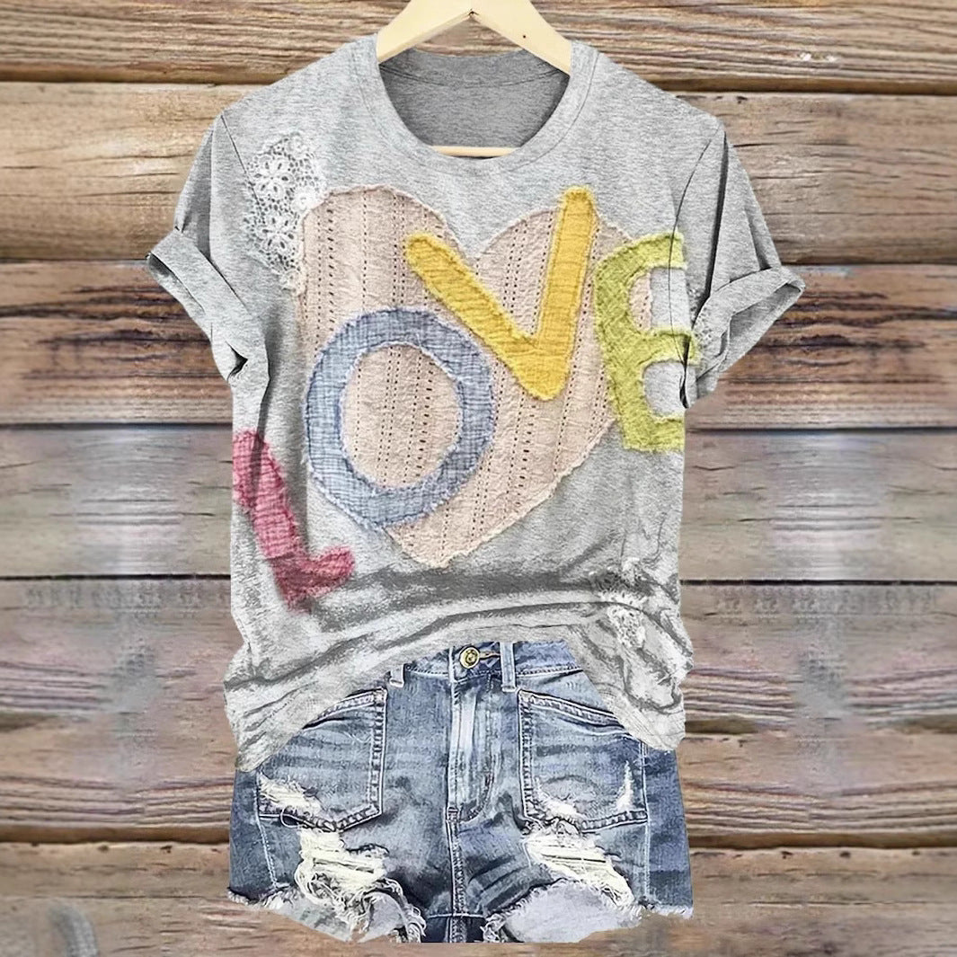 LOVE Personality Patch Pattern Round Neck Short Sleeve