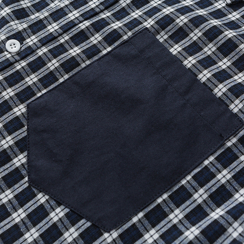Color Contrast Patchwork Plaid Lapel Shirt Japanese-style Retro