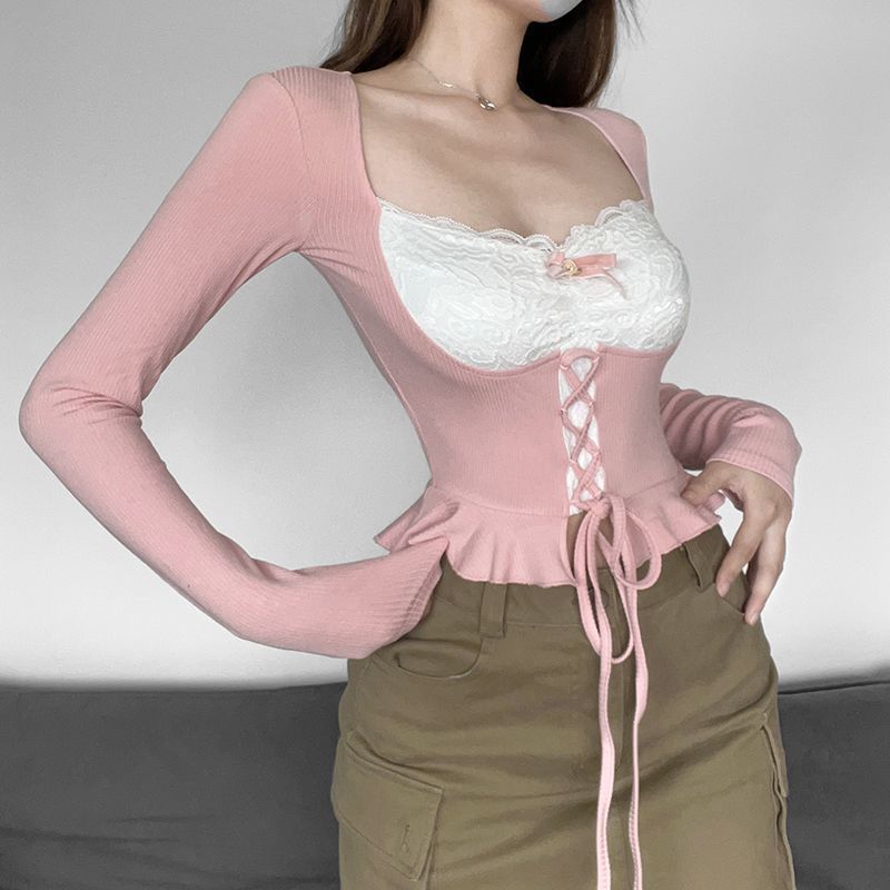 Lace Edge Waist Trimming Lace Up Long Sleeve Waist-controlled Top Women