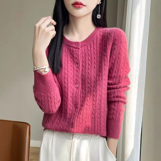Women's Round Neck Wool Cardigan Twisted Wool Sweater