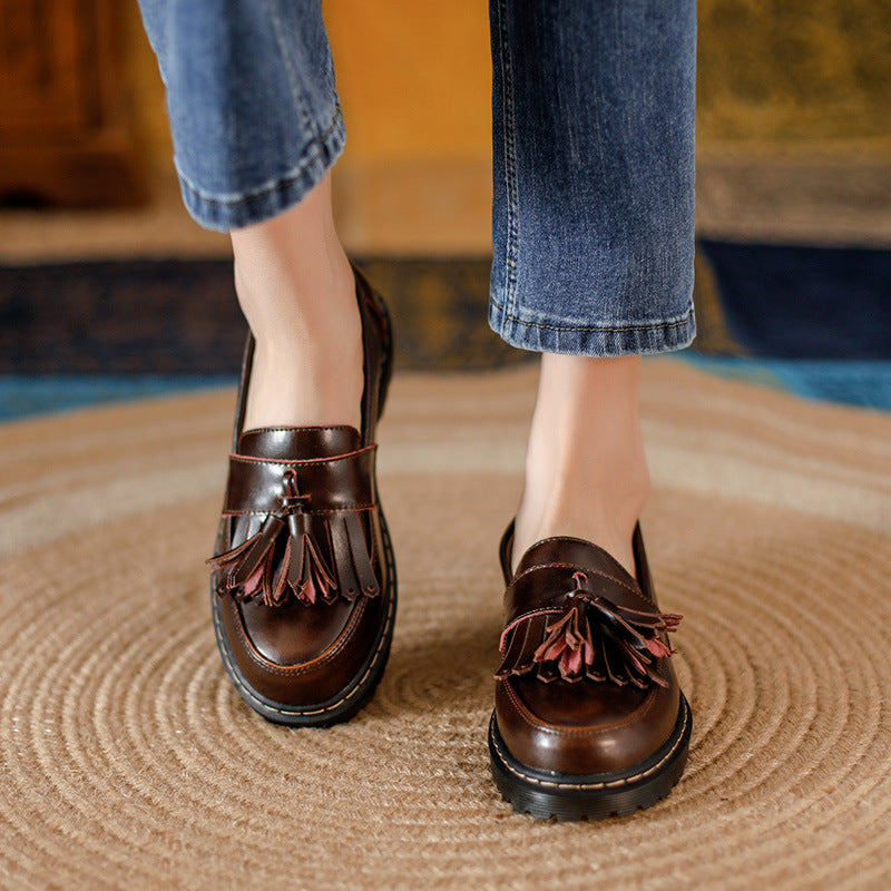 Tassel Retro Girls Artistic College Chunky Heel Loafers Leather Shoes