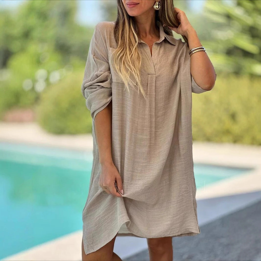 Casual Loose Beach Short-Sleeve Shirt Dress For Women