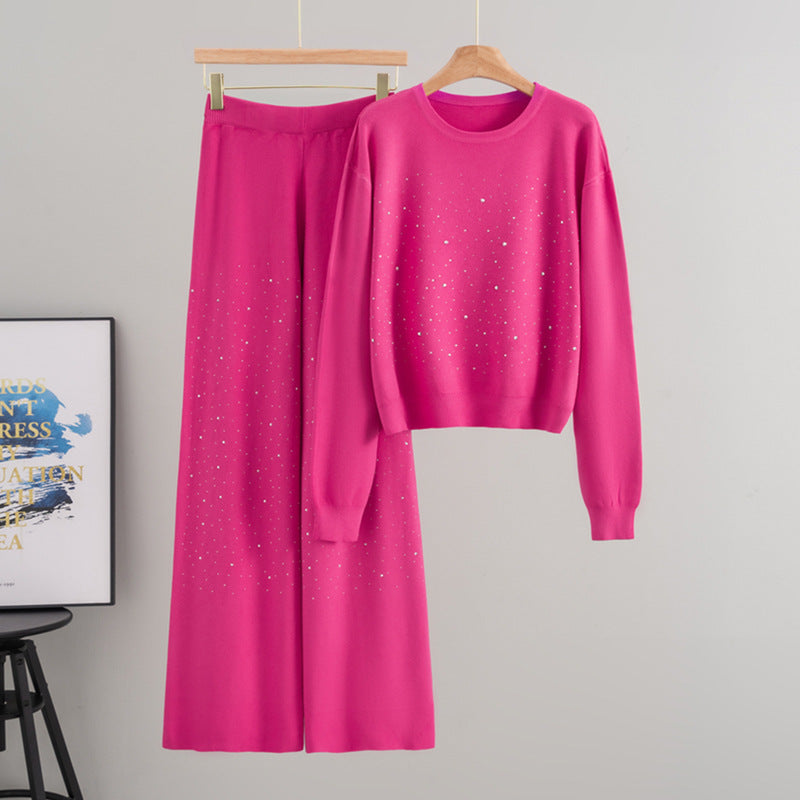 Starry Hot-Stone Round-Neck Pullover Knit Set