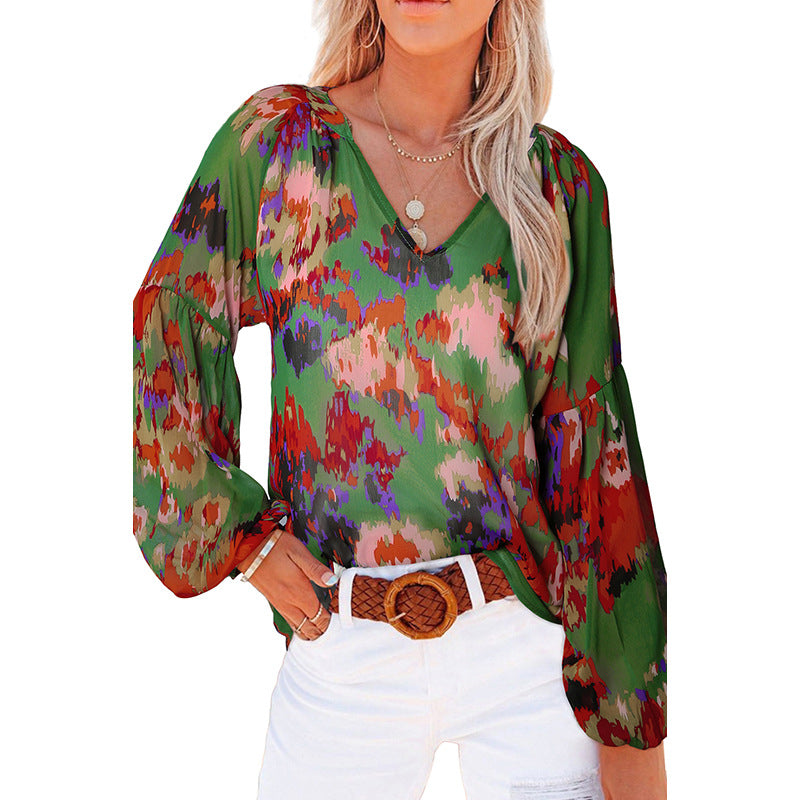 Dames Floral Chiffon Skjorte Løs V-hals Casual Top