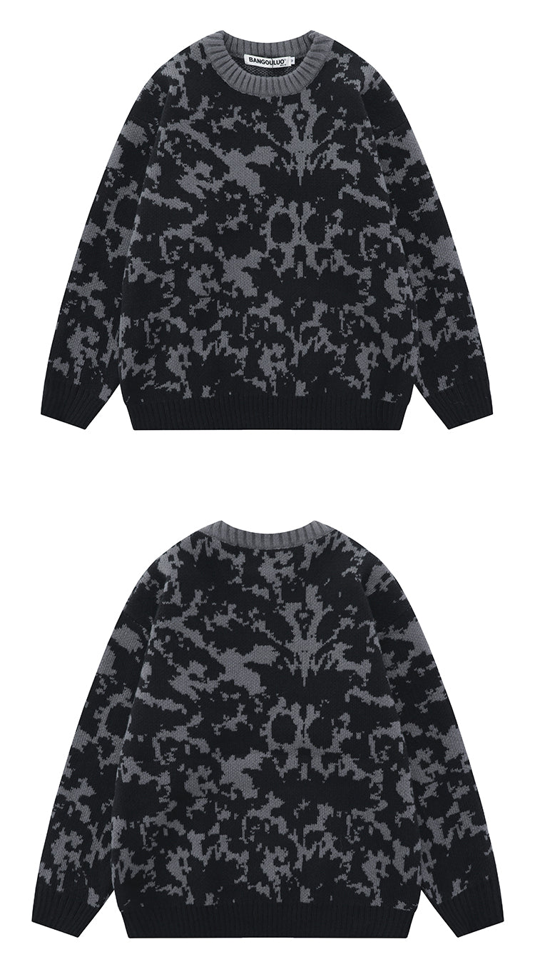 Azure And Other Smoky Rain European And American Dark Contrasting Color Jacquard Knitwear Men's And Women's Round Neck Sweater