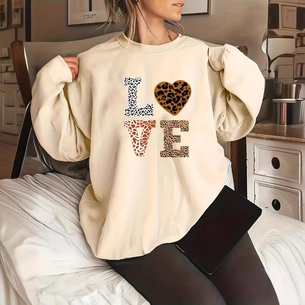 Rundhalset Leopardprint Kærlighed Plus Size Trøje Til Piger