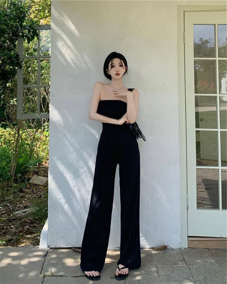 Lady's Sexy Vest High-waisted Casual Wide-leg Pants Two-piece Set