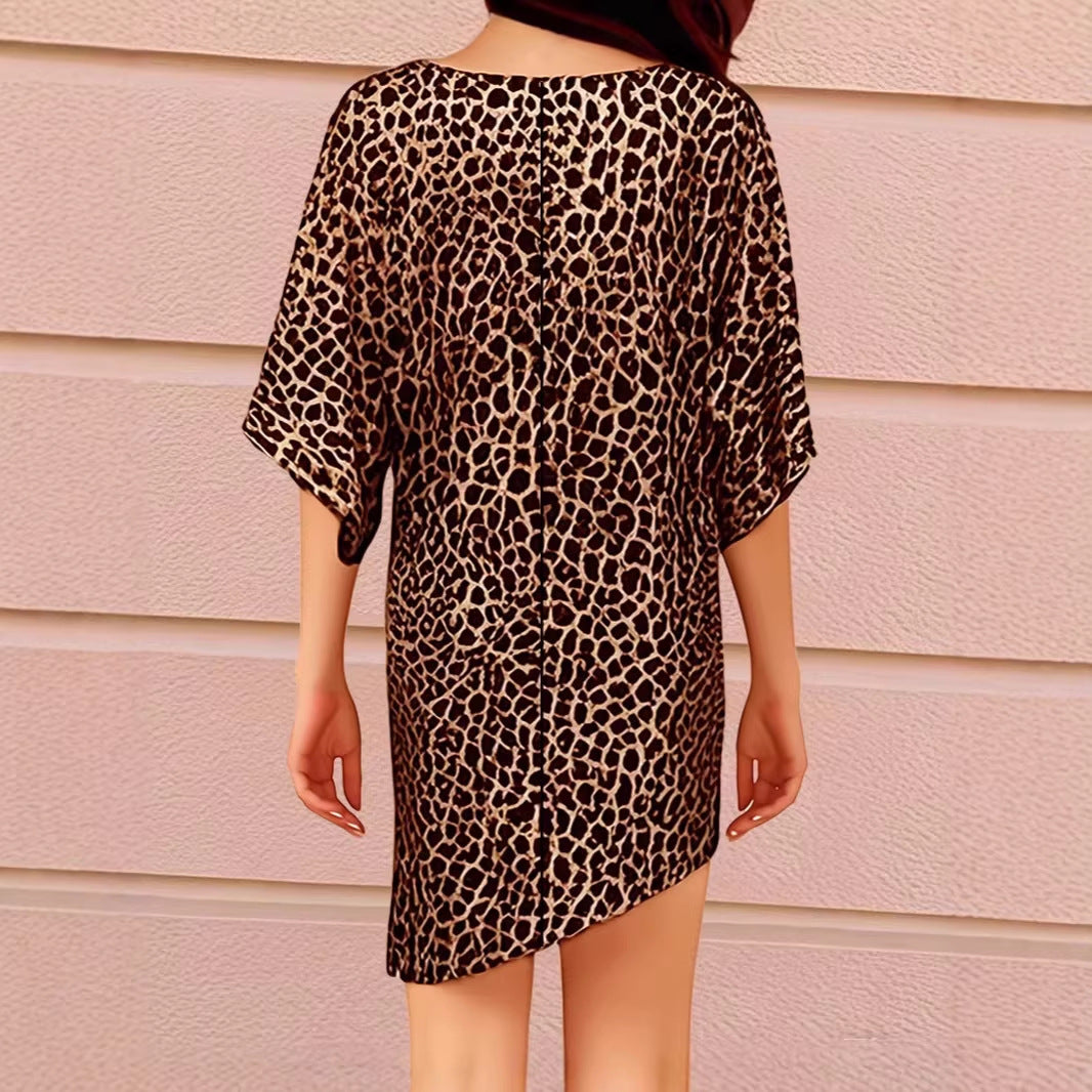 Sexet V-hals Uregelmæssig Flagermusærme Leopardprint Kjole
