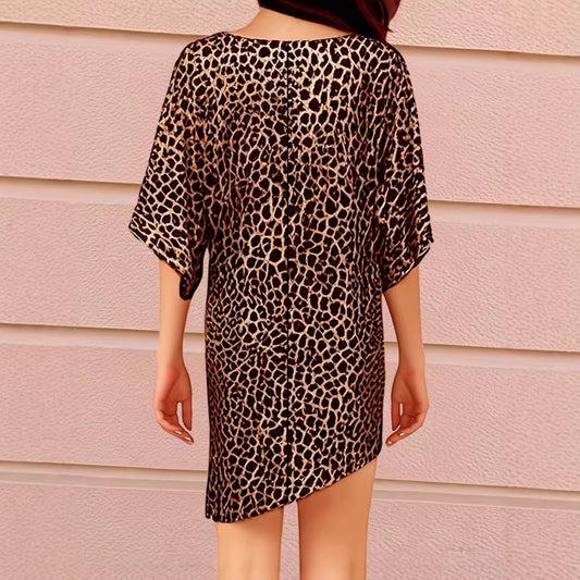 Sexy V-neck Irregular Batwing Sleeve Leopard Print Dress