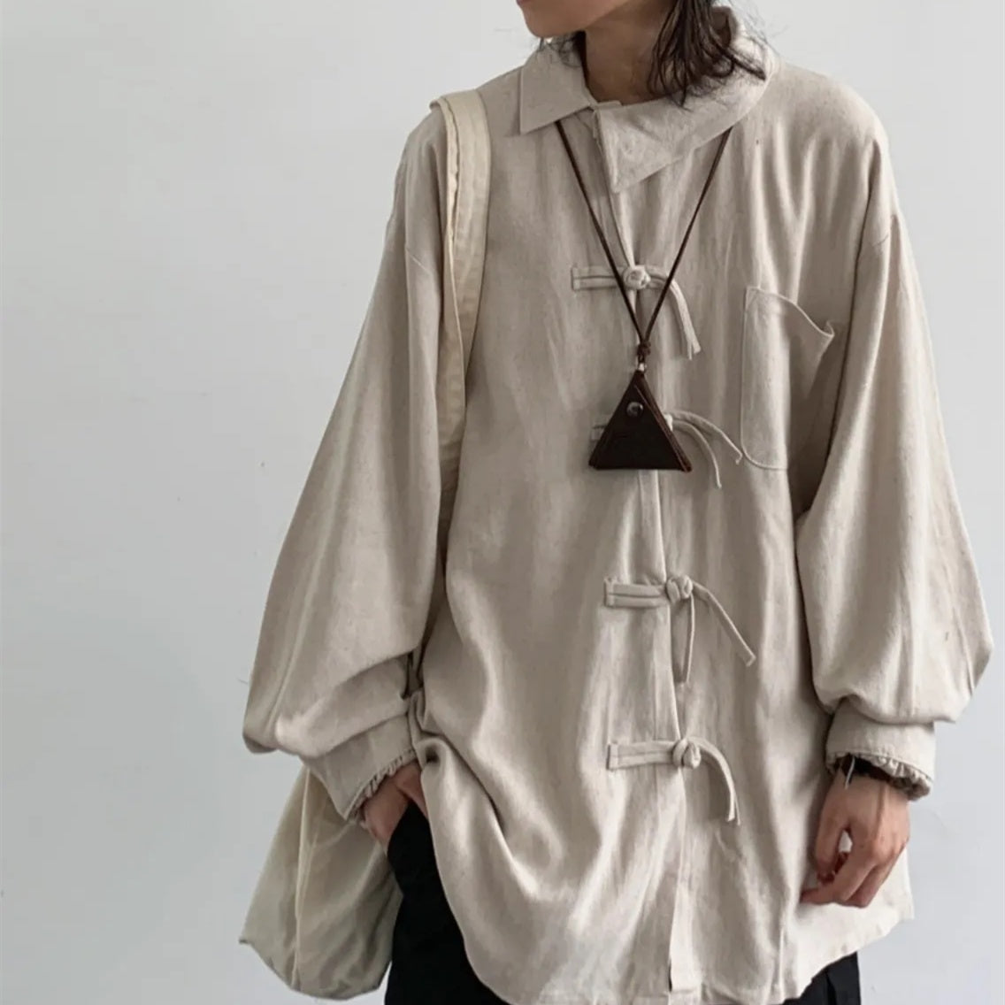 Boys' Cotton Linen Loose Button Diagonal Collar Long Sleeved Shirt Jacket