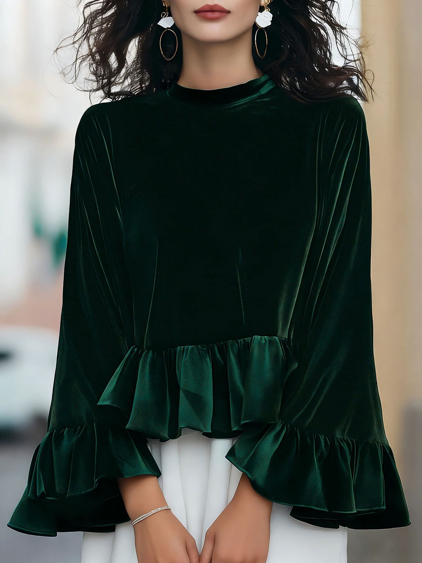 Womens Solid-Color Long-Sleeve Crew-Neck Ruffle-Trim Sweatshirt Top