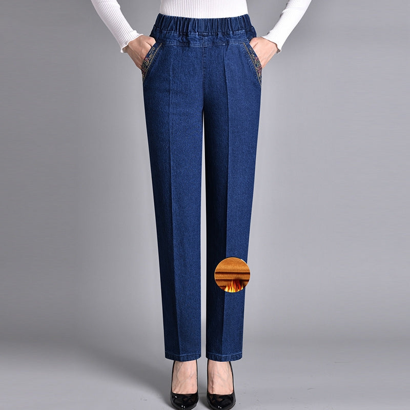 Thin Elastic High Waist Denim Straight-leg Trousers
