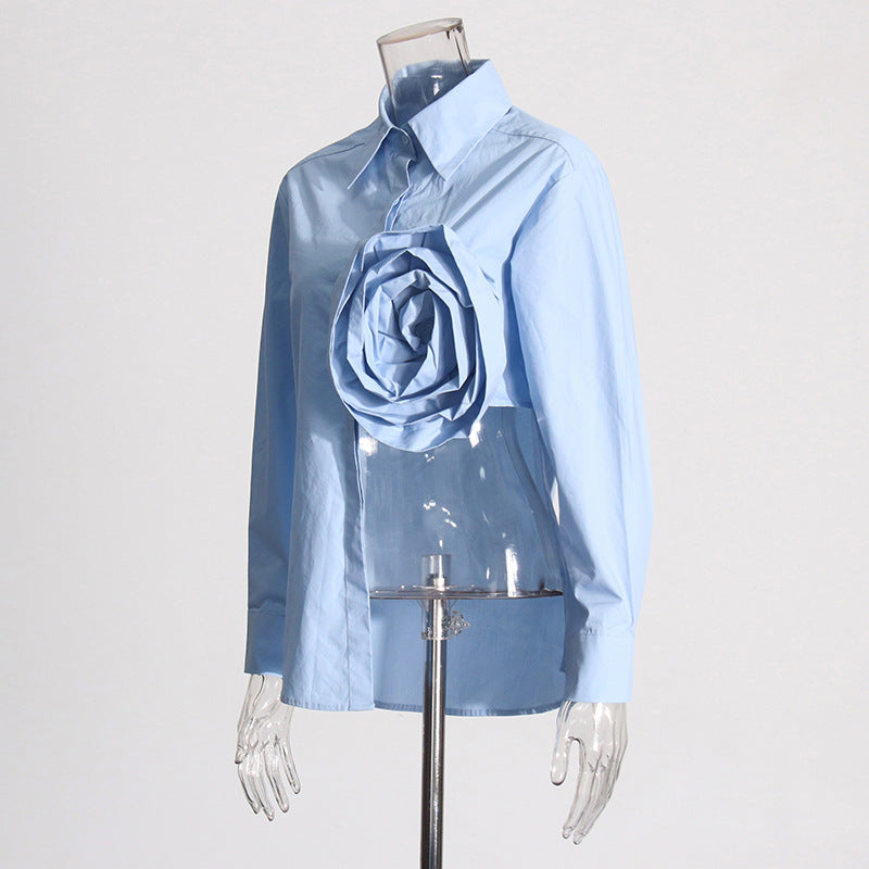 Lapels Stitching Three-dimensional Flower Irregular Hollow-out Split Shirt Top