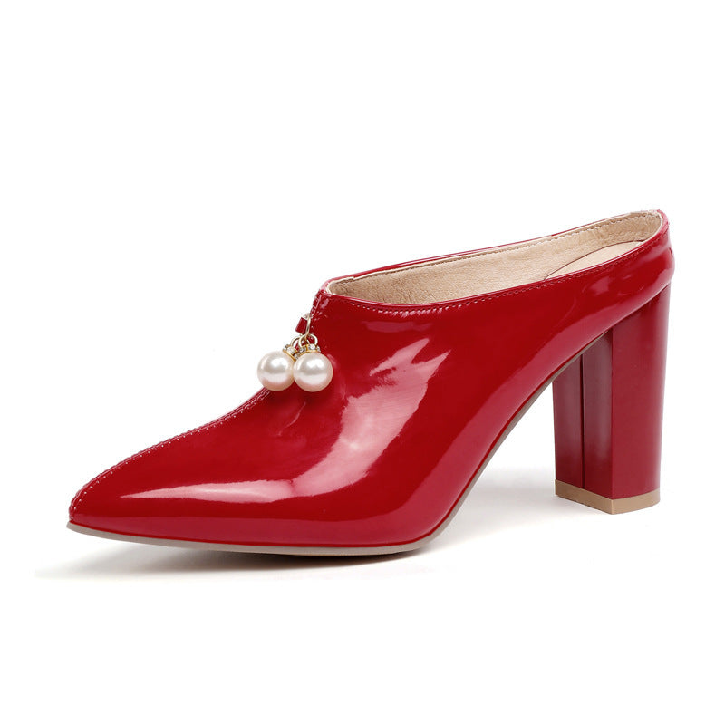 Pearl Pointed Toe Sandals Slip-ons Toe Toe Block Heel Women's Shoes