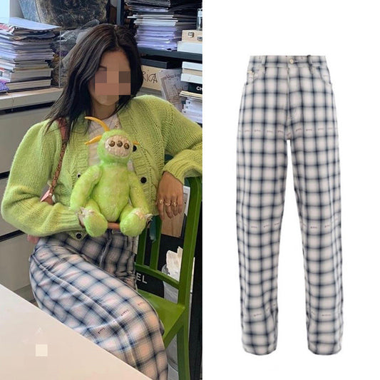Women's High-waisted Plaid Loose Straight Wide Leg Pants