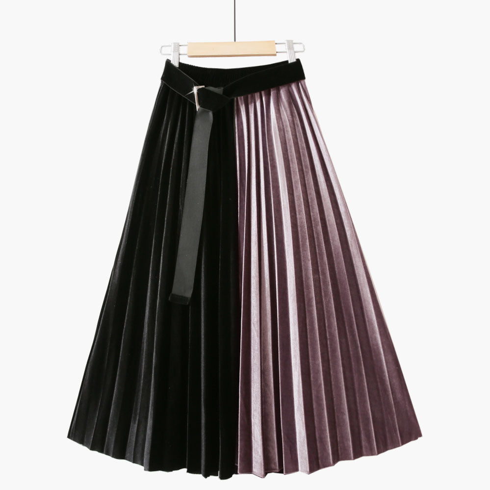 Height Belt Pleuche Patchwork Contrast Color Retro Slimming Skirt