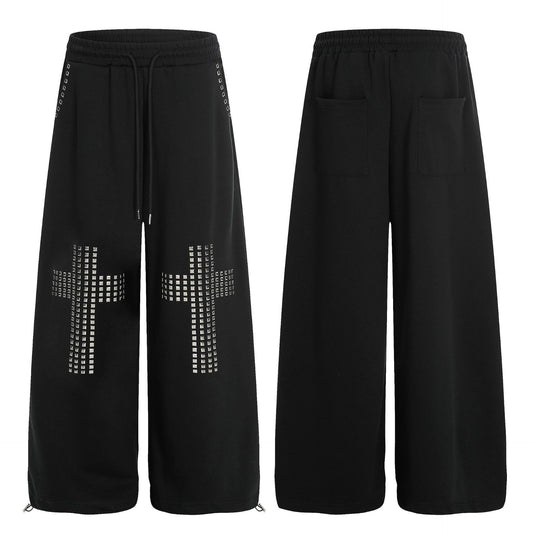 Womens Casual Drawstring Pants With A Stylish American-Design Rivet Cross Pattern