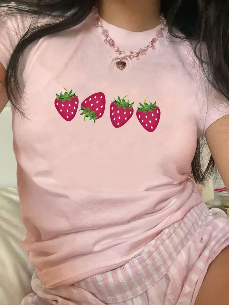 Fruit Strawberry Round Neck Short Sleeve Top For Women