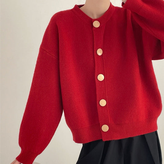 Round Neck Solid Color Loose Knitted Cardigan Women's Autumn And Winter
