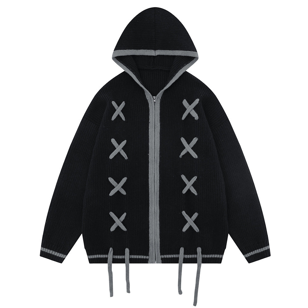 Contrast Color Rope Design Loose Casual Cardigan