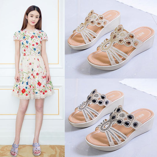 Women's Fashion Simple Rhinestone Slope Heel Sandals