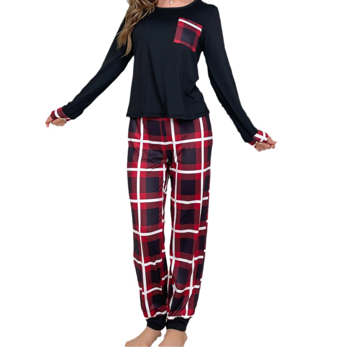 European And American-style Loungewear Set Long-sleeve Top With Pockets Paired With Plaid Pants